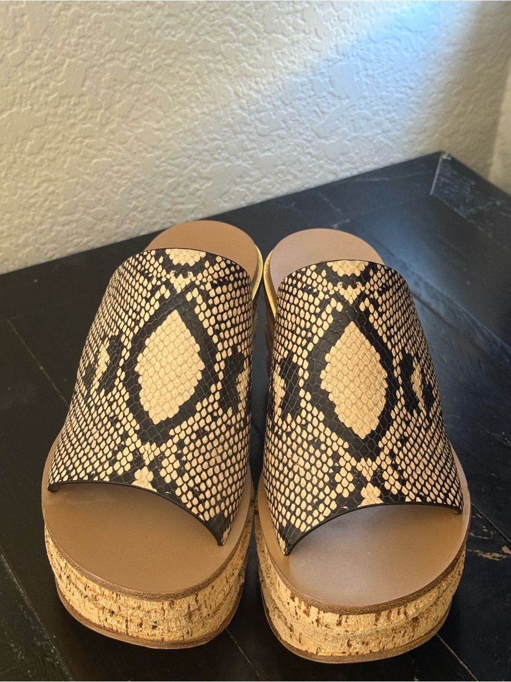 Women’s Tan and Black Snake-Print Cork Platform Slide Sandals